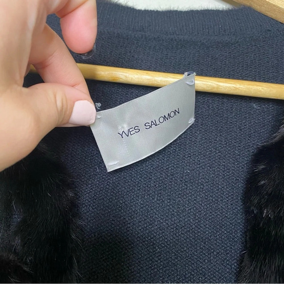 Yves Salomon Black Cashmere Mink Fur Trim Cardigan Blazer Jacket Women's Large - Picture 8 of 9